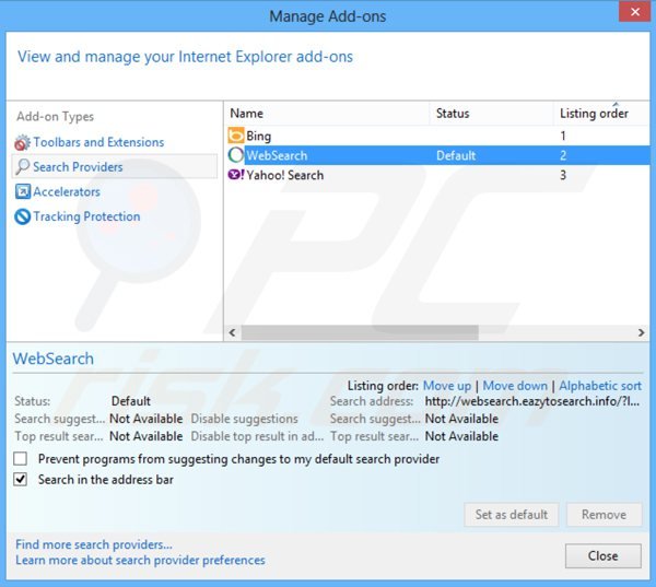 Suppression des paramètres du moteur de recherche par défaut de websearch.eazytosearch.info dans Internet Explorer