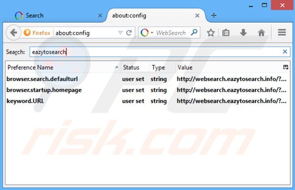 Suppression des paramètres du moteur de recherche par défaut de websearch.eazytosearch.info dans Mozilla Firefox 