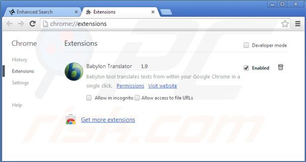 Suppressions des extensions reliées à enhanced-search.com dans Google Chrome 