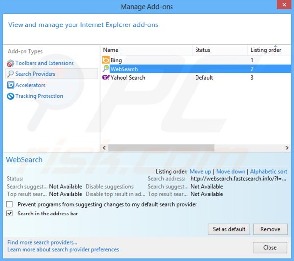 Suppression du moteur de recherche par défaut de websearch.fastosearch.info dans Internet Explorer 