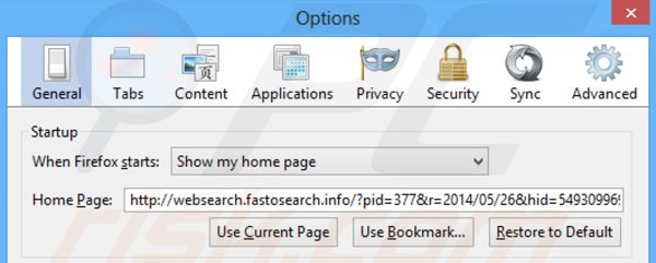 Suppression de la page d'accueil de websearch.fastosearch.info dans Mozilla Firefox 