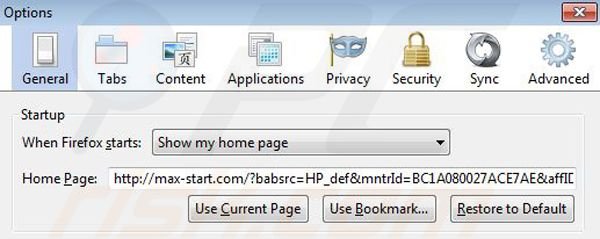 Suppression de la page d'accueil de Max-start.com dans Mozilla Firefox 