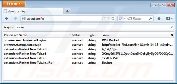 Suppression des paramètres du moteur de recherche par défaut de rocket-find.com dans Mozilla Firefox 