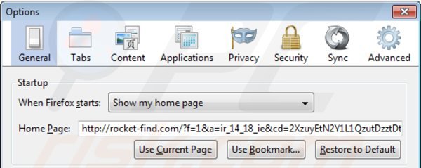 Suppression de la page d'accueil de rocket-find.com dans Mozilla Firefox 