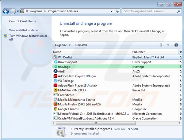 Désinstallation de rrsavings via le Panneau de Configuration