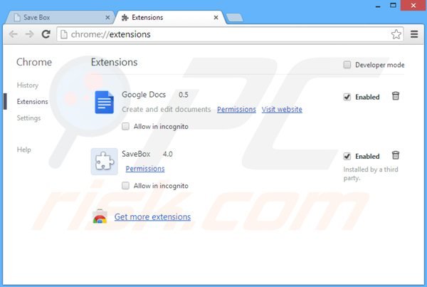 Suppression de savebox dans Google Chrome étape 2