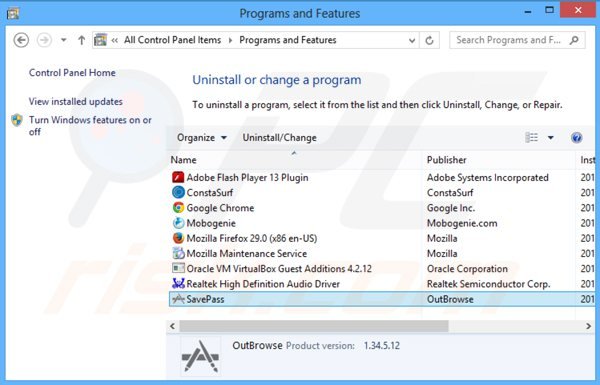 Désinstallation du logiciel de publicité savepass via le Panneau de Configuration