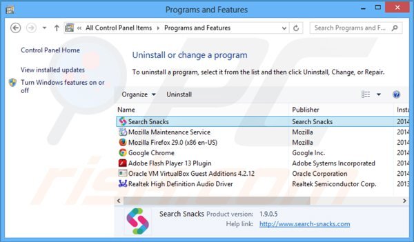 Désinstallation de search snacks  via le Panneau de Configuration