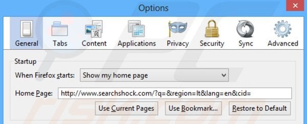 Suppression de la page d'accueil de searchshock.com dans Mozilla Firefox 