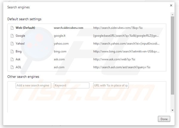 Suppression du moteur de recherche par défaut de search.sidecubes.com dans Google Chrome 