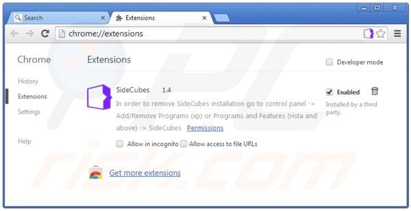 Suppression des extensions reliées à search.sidecubes.com dans Google Chrome 