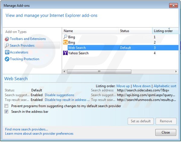 Suppression du moteur de recherche par défaut de search.sidecubes.com dans Internet Explorer 