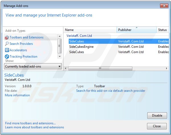 Suppression des extensions reliées à search.sidecubes.com dans Internet Explorer 