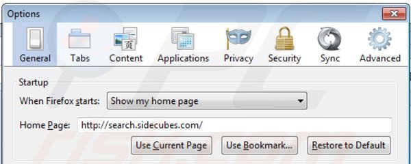 Suppression de la page d'accueil de search.sidecubes.com dans Mozilla Firefox 