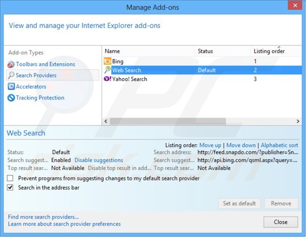 Suppression du moteur de recherche par défaut de feed.snapdo.com dans Internet Explorer 