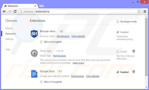 Suppression des publicités Browser Hero dans Google Chrome étape 2