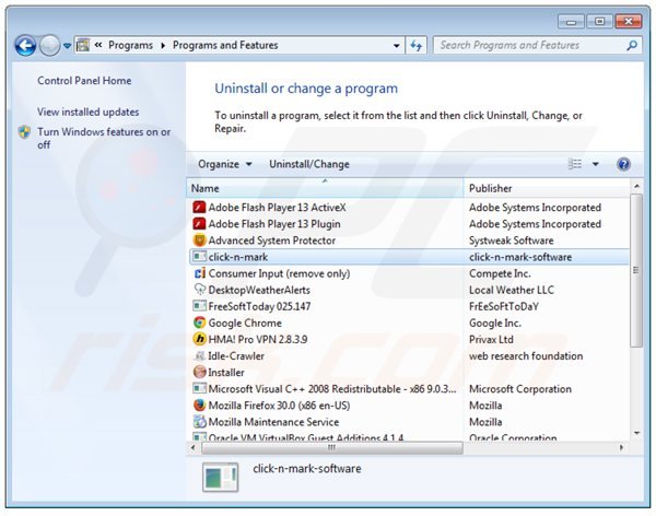 Désinstallation du logiciel de publicité clicknmark via le Panneau de Configuration