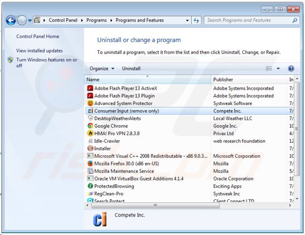 consumerinput adware uninstall via Control Panel