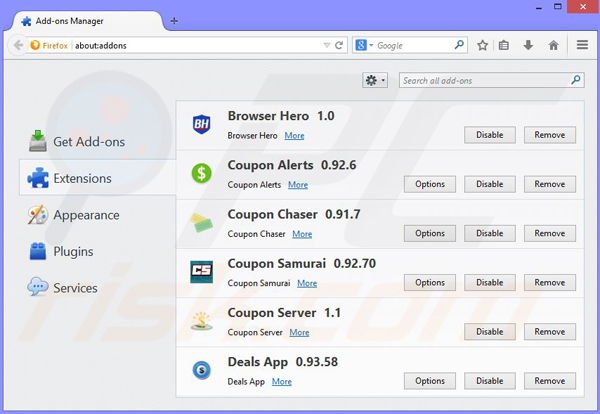 Suppression des publicités Couponarific dans Mozilla Firefox étape 2