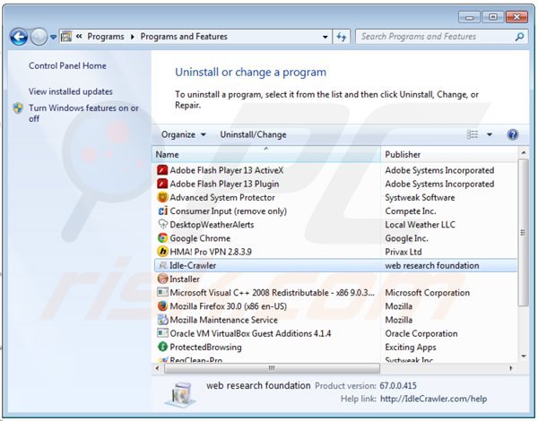 Désinstallation du logiciel de publicité idlecrawler via le Panneau de Configuration