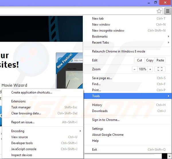 Suppression des publicités Movie Wizard dans Google Chrome étape 1