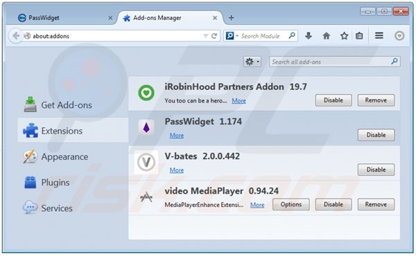 Suppression de passwidget dans Mozilla Firefox étape 2