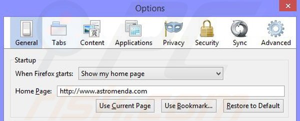 Remove Astromenda browser hijacker from Mozilla Firefox step 2