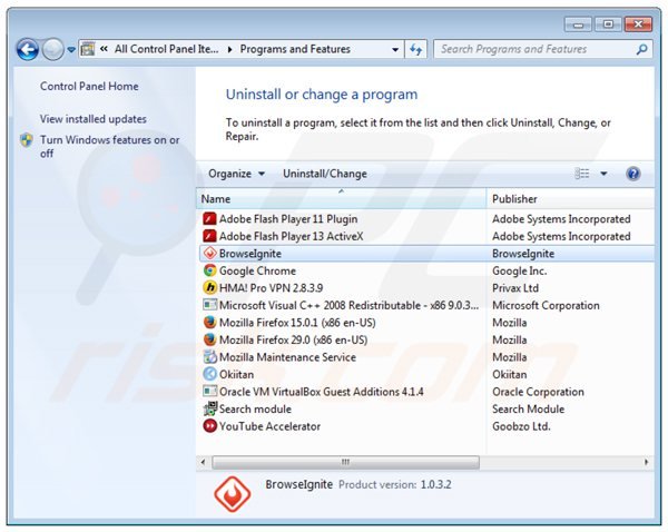 Désinstallation du logiciel de publicité browseignite via le Panneau de Configuration