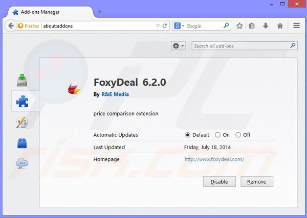 Suppression des publicités foxydeal dans Mozilla Firefox étape 2