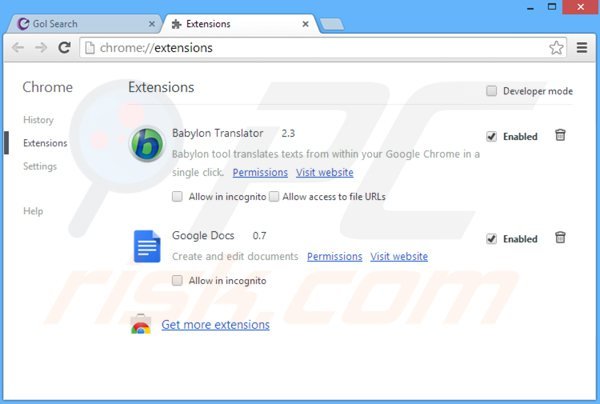 Suppression des extensions de la barre d'outils golsearch dans Google Chrome 