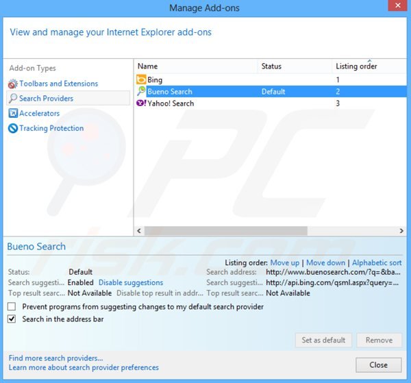 Suppression du moteur de recherche par défaut de golsearch.com dans Internet Explorer 