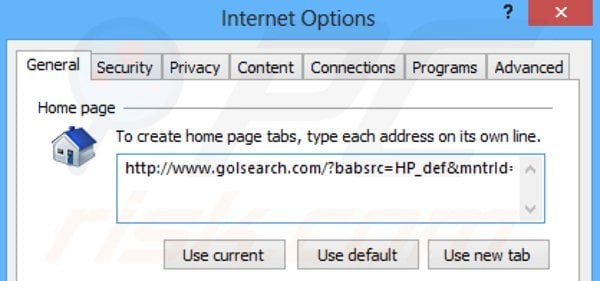 Suppression de la page d'accueil de golsearch.com dans Internet Explorer 