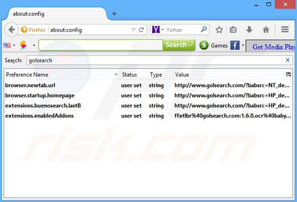 Suppression du moteur de recherche par défaut de golsearch.com dans Mozilla Firefox 
