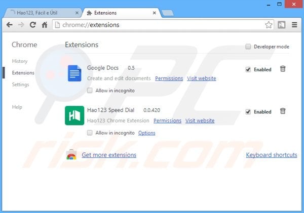 Suppression des extensions reliées à hao123.com dans Google Chrome 