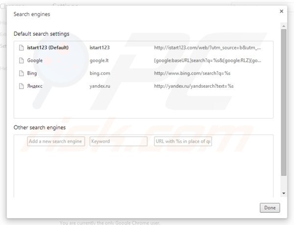 Suppression du moteur de recherche par défaut d'istart123.com dans Google Chrome 