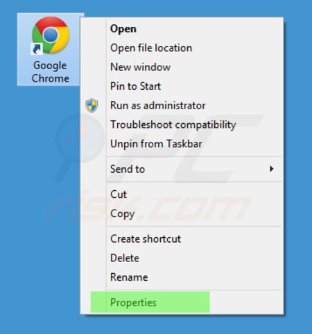 Suppression du raccourci cible d'istart123.com dans Google Chrome shortcut étape 1