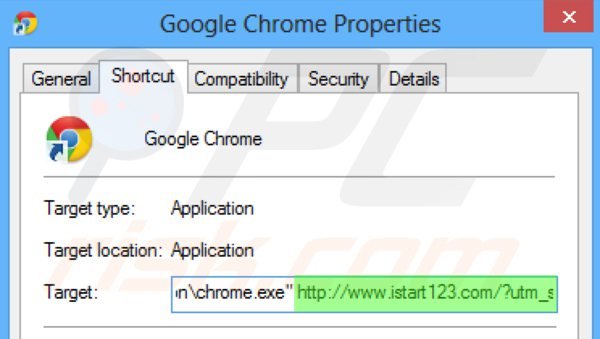 Suppression du raccourci cible d'istart123.com dans Google Chrome étape 2
