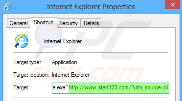 Suppression du raccourci cible d'istart123.com dans Internet Explorer étape 2