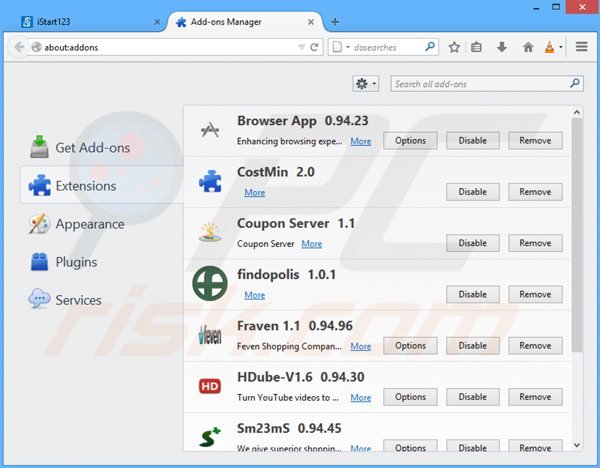 Suppression des extensions reliées à istart123.com dans Mozilla Firefox 