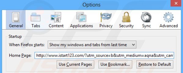 Suppression de la page d'accueil d'istart123.com dans Mozilla Firefox 