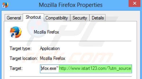 Suppression du raccourci cible d'istart123.com dans Mozilla Firefox shortcut target étape 2
