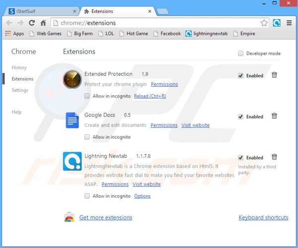 Suppression des extensions reliées à istartsurf.com dans Google Chrome 