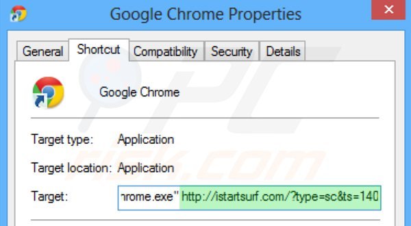 Suppression du raccourci cible d'istartsurf.com dans Google Chrome étape 2