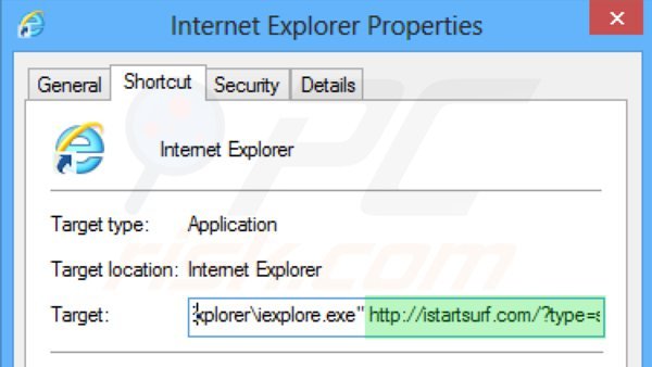 Suppression du raccourci cible d'istartsurf.com dans Internet Explorer shortcut target étape 2