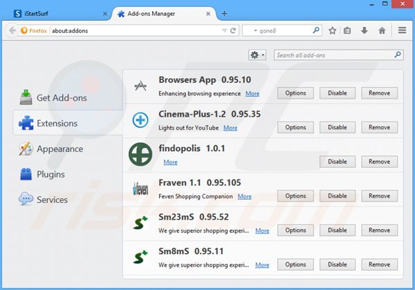 Suppression des extensions reliées à istartsurf.com dans Mozilla Firefox 