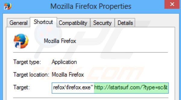 Suppression du raccourci cible d'istartsurf.com dans Mozilla Firefox étape 2