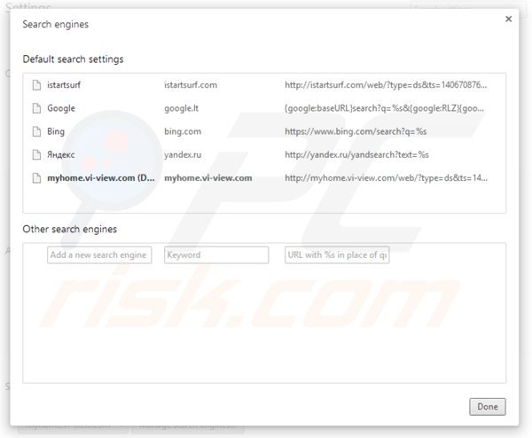 Suppression du moteur de recherche par défaut de myhome.vi-view.com dans Google Chrome 