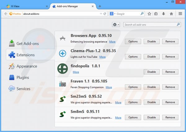 Suppression des extensions reliées à myhome.vi-view.com dans Mozilla Firefox 