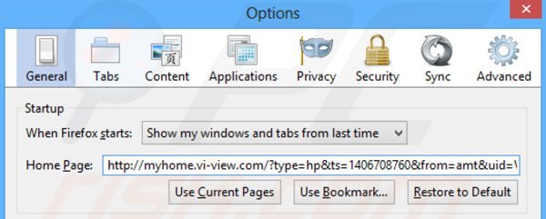 Suppression de la page d'accueil de myhome.vi-view.com dans Mozilla Firefox 
