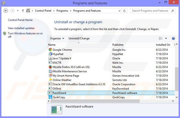 Désinstallation du logiciel de publcité PassWizard via le Panneau de Configuration